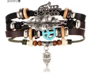Beaded Bracelet With Silver Hamsa Hand, Peace Sign, Leaf and Owl Charms