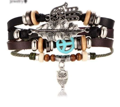 Beaded Bracelet With Silver Hamsa Hand, Peace Sign, Leaf and Owl Charms