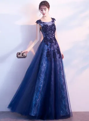 Beautiful A-line Tulle Long Party Dress with Lace Applique, Long Evening Dresses Formal Dress