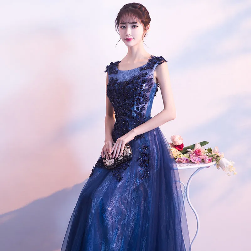 Beautiful A-line Tulle Long Party Dress with Lace Applique, Long Evening Dresses Formal Dress