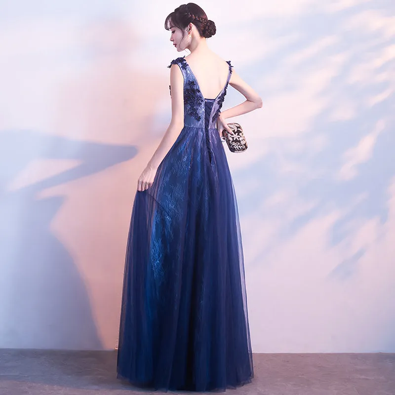 Beautiful A-line Tulle Long Party Dress with Lace Applique, Long Evening Dresses Formal Dress