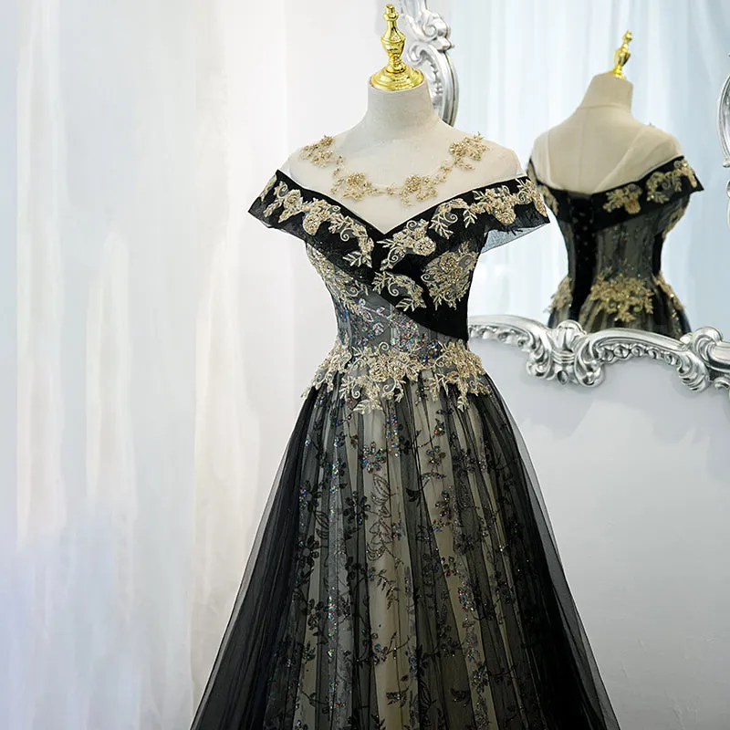 Beautiful Black Off Shoulder A-line Party Dress with Gold Lace, Black Evening Dresses Prom Dress