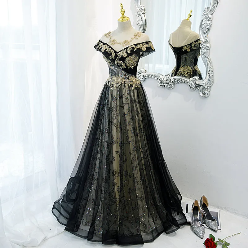 Beautiful Black Off Shoulder A-line Party Dress with Gold Lace, Black Evening Dresses Prom Dress