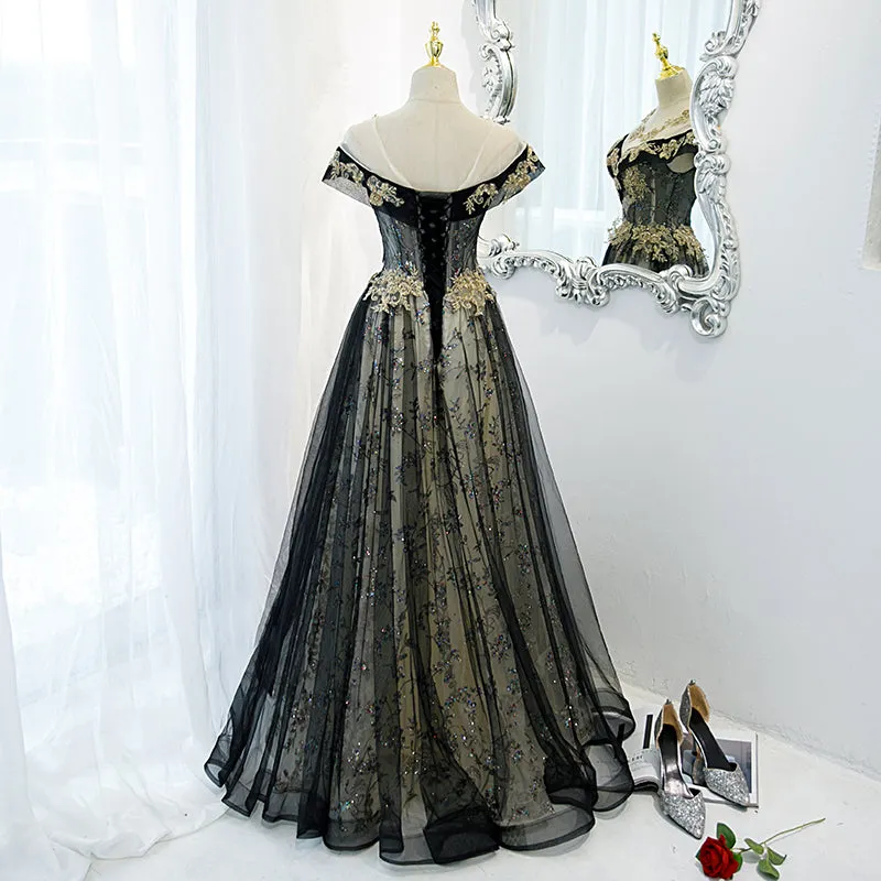 Beautiful Black Off Shoulder A-line Party Dress with Gold Lace, Black Evening Dresses Prom Dress