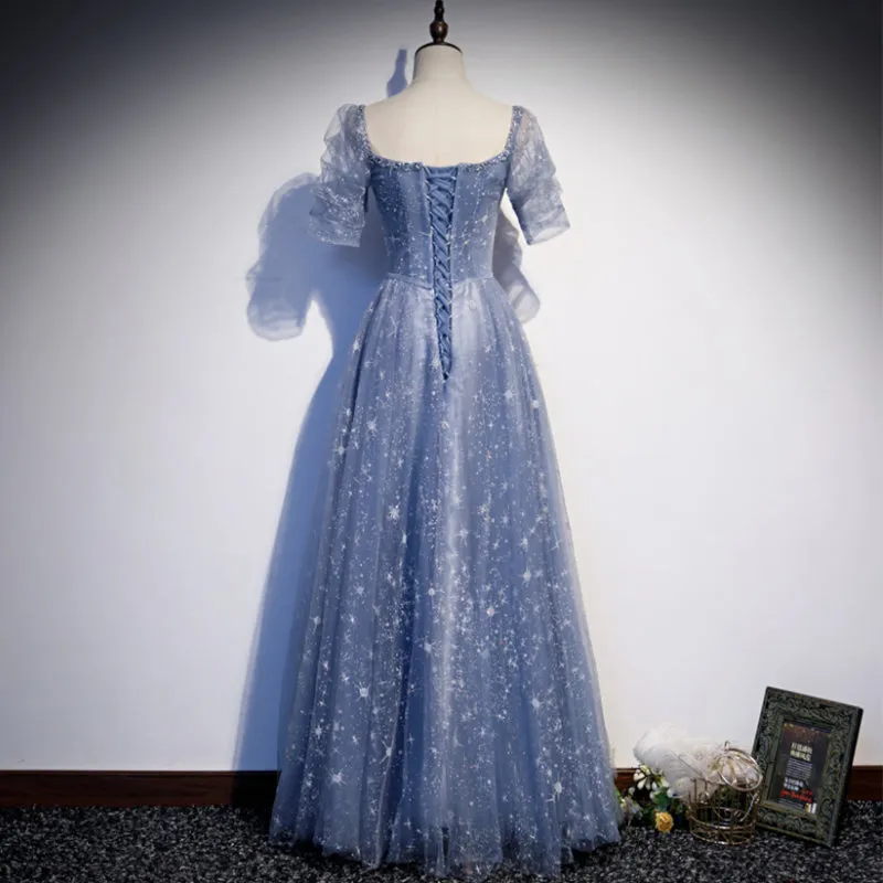 Beautiful Blue Tulle Short Sleeves A-line New Style Prom Dress Party Dress, Blue Formal Dress