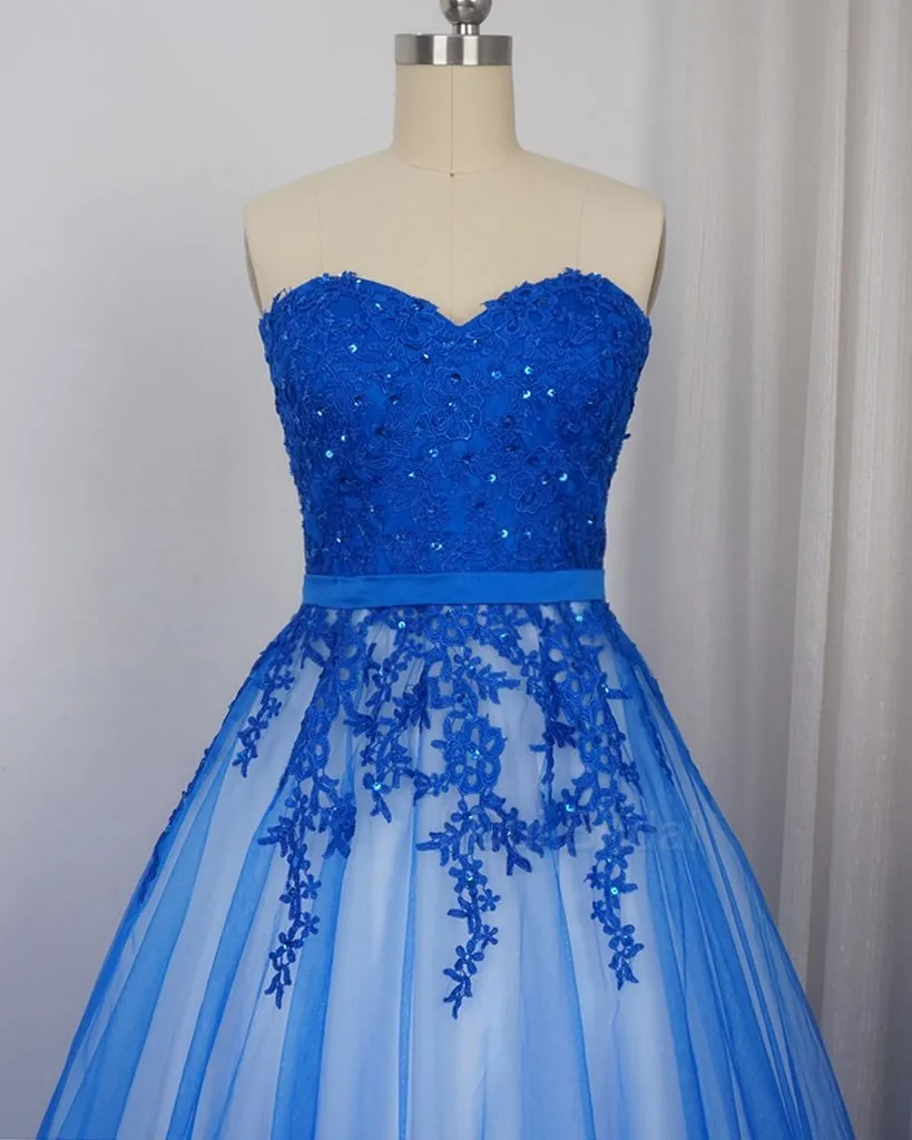 Beautiful Blue Tulle with Lace Applique Sweetheart Long Formal Dress, Charming Blue Gowns