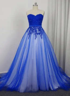 Beautiful Blue Tulle with Lace Applique Sweetheart Long Formal Dress, Charming Blue Gowns