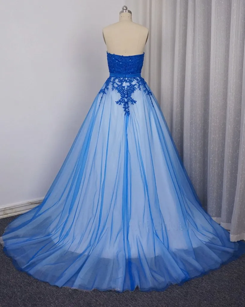 Beautiful Blue Tulle with Lace Applique Sweetheart Long Formal Dress, Charming Blue Gowns