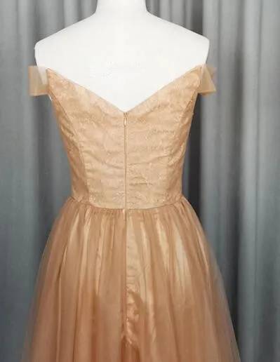 Beautiful Champagne Off Shoulder Tulle A-line Party Dress, Long Prom Dress