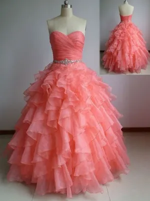 Beautiful Coral Organza Sweetheart Prom Gown, Lovely Ball Gown Party Dress, Organza Formal Dress