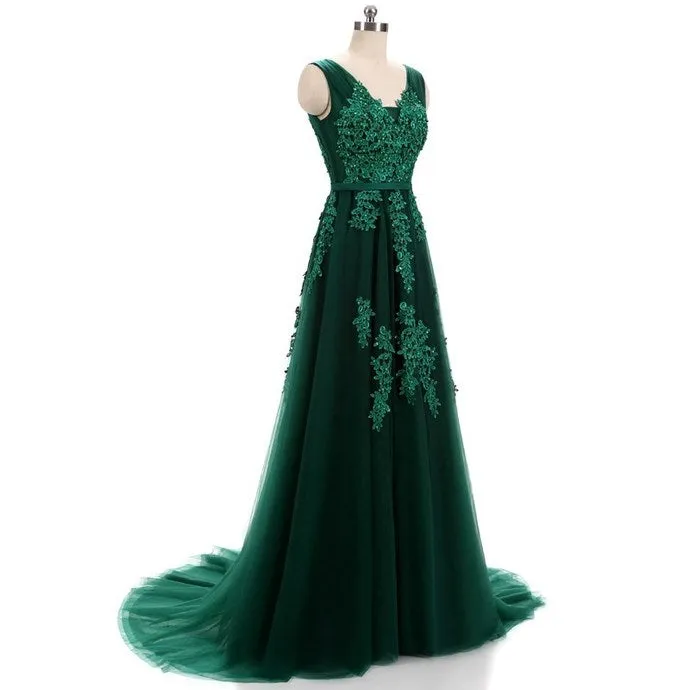 Beautiful Dark Green V-neckline Backless Party Dress, Tulle Formal Dress Bridesmaid Dress