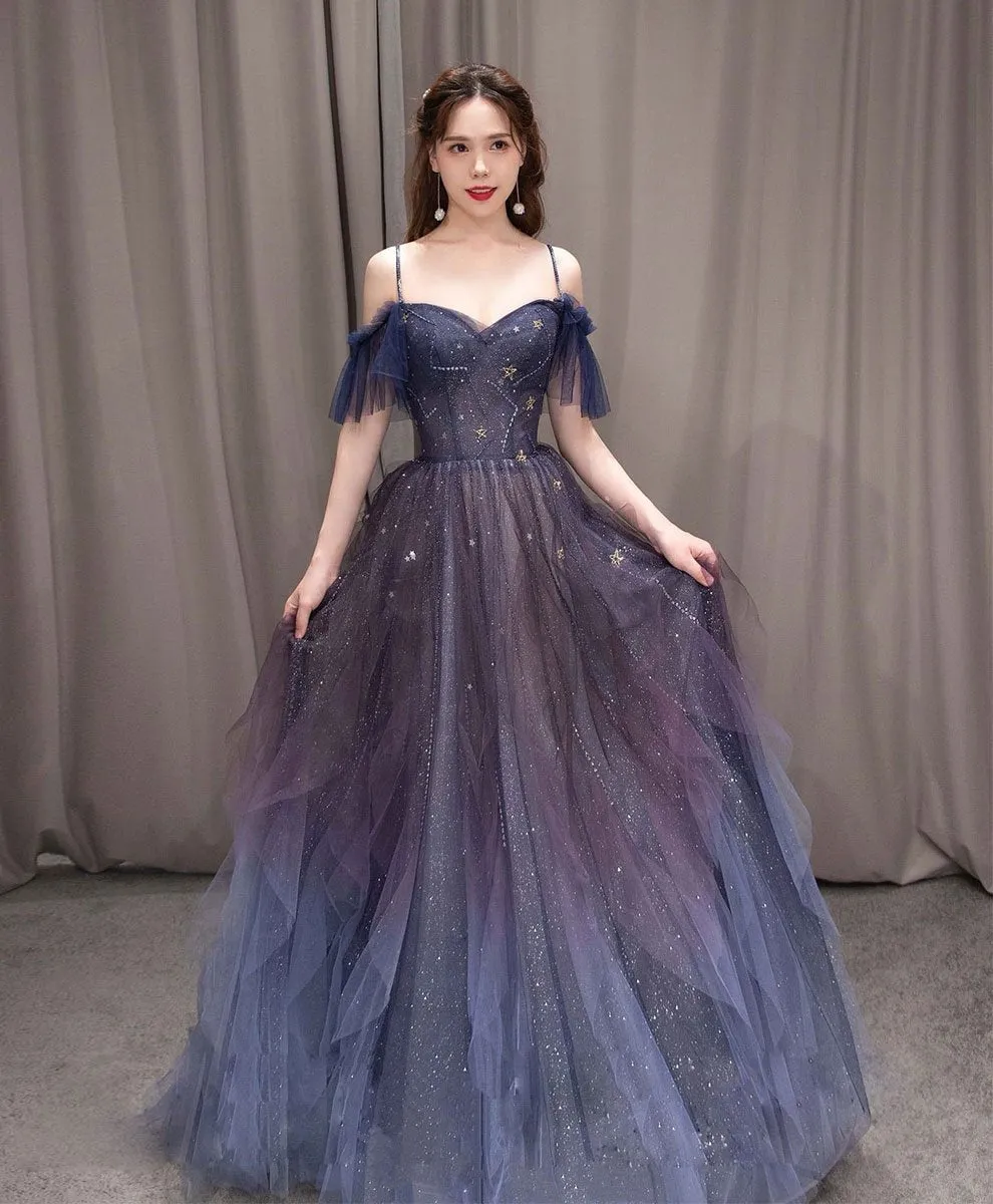 Beautiful Gradient Straps Beaded Tulle Long Formal Dress, Party Dress Long Evening Dresses