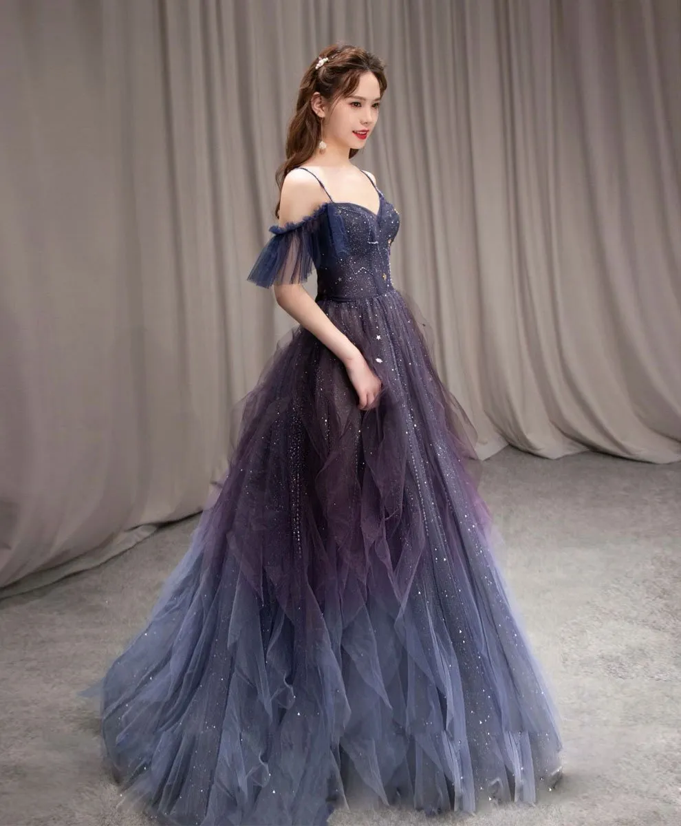 Beautiful Gradient Straps Beaded Tulle Long Formal Dress, Party Dress Long Evening Dresses