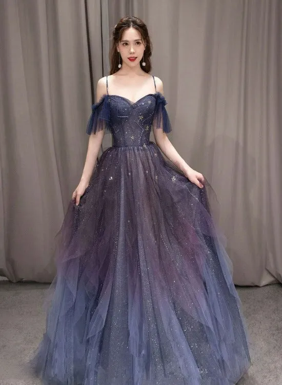 Beautiful Gradient Straps Beaded Tulle Long Formal Dress, Party Dress Long Evening Dresses