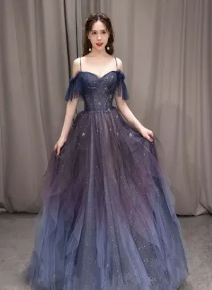 Beautiful Gradient Straps Beaded Tulle Long Formal Dress, Party Dress Long Evening Dresses