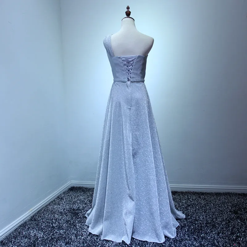 Beautiful Grey One Shoulder Lace-up Long Bridesmaid Dress, Grey Party Dress, Prom Dress