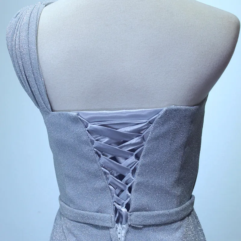 Beautiful Grey One Shoulder Lace-up Long Bridesmaid Dress, Grey Party Dress, Prom Dress