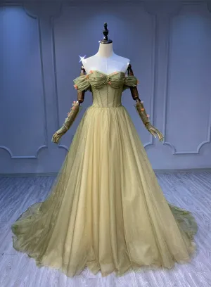 Beautiful Light Green Sweetheart Flowers Long Party Dress, Green Tulle Formal Dresses