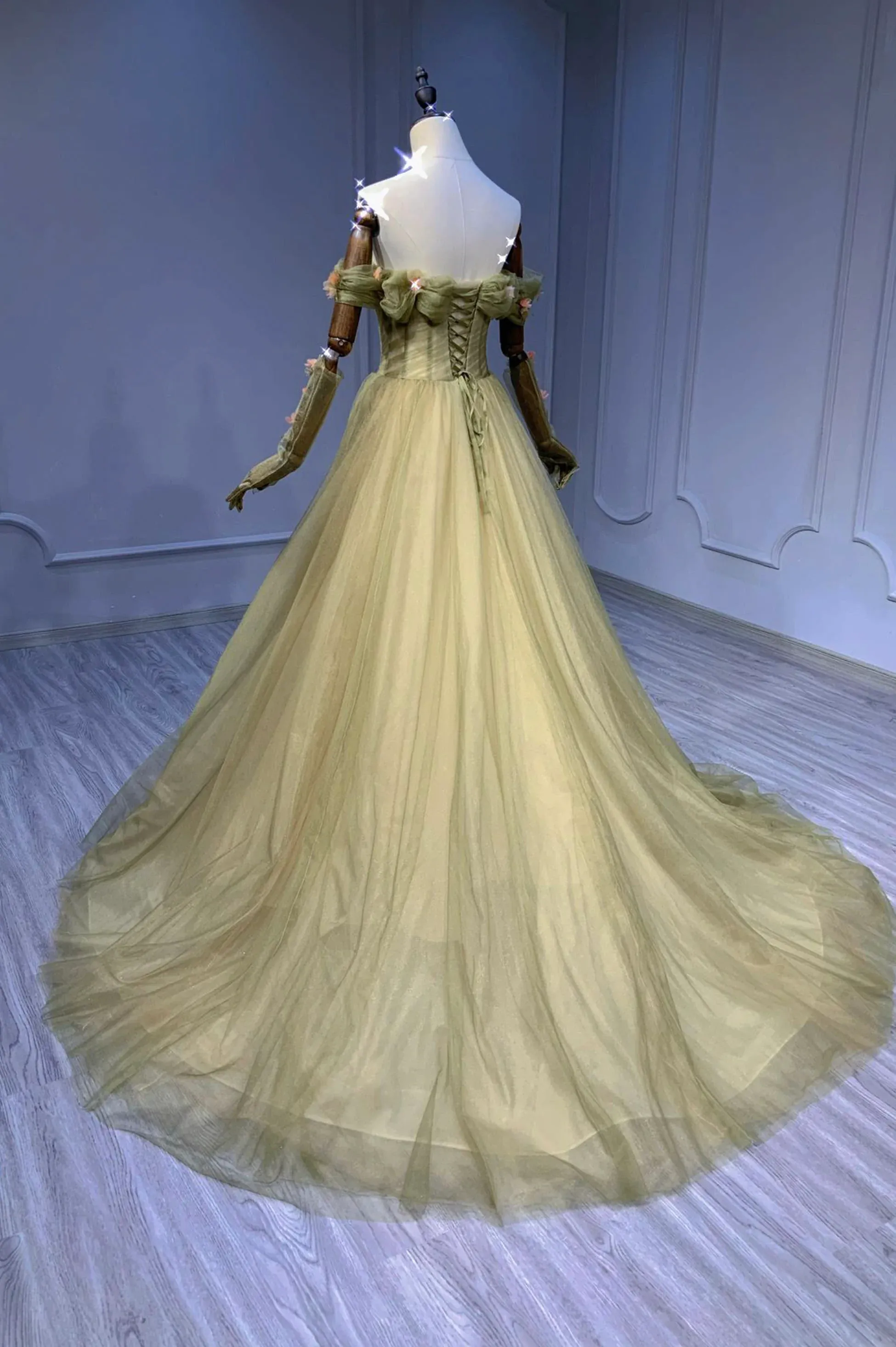 Beautiful Light Green Sweetheart Flowers Long Party Dress, Green Tulle Formal Dresses