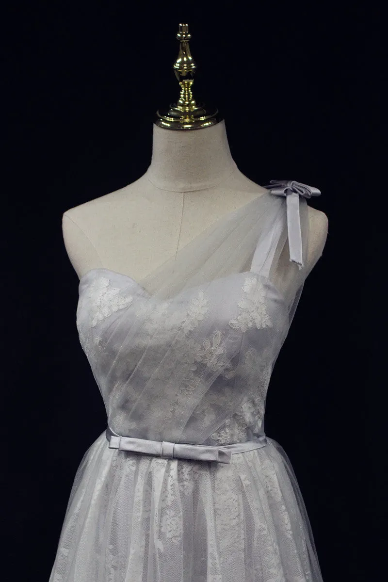 Beautiful Light Grey One Shoulder Lace-up Bridesmaid Dress, Lovely Grey Party Dress
