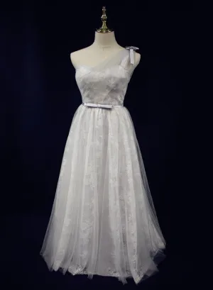 Beautiful Light Grey One Shoulder Lace-up Bridesmaid Dress, Lovely Grey Party Dress