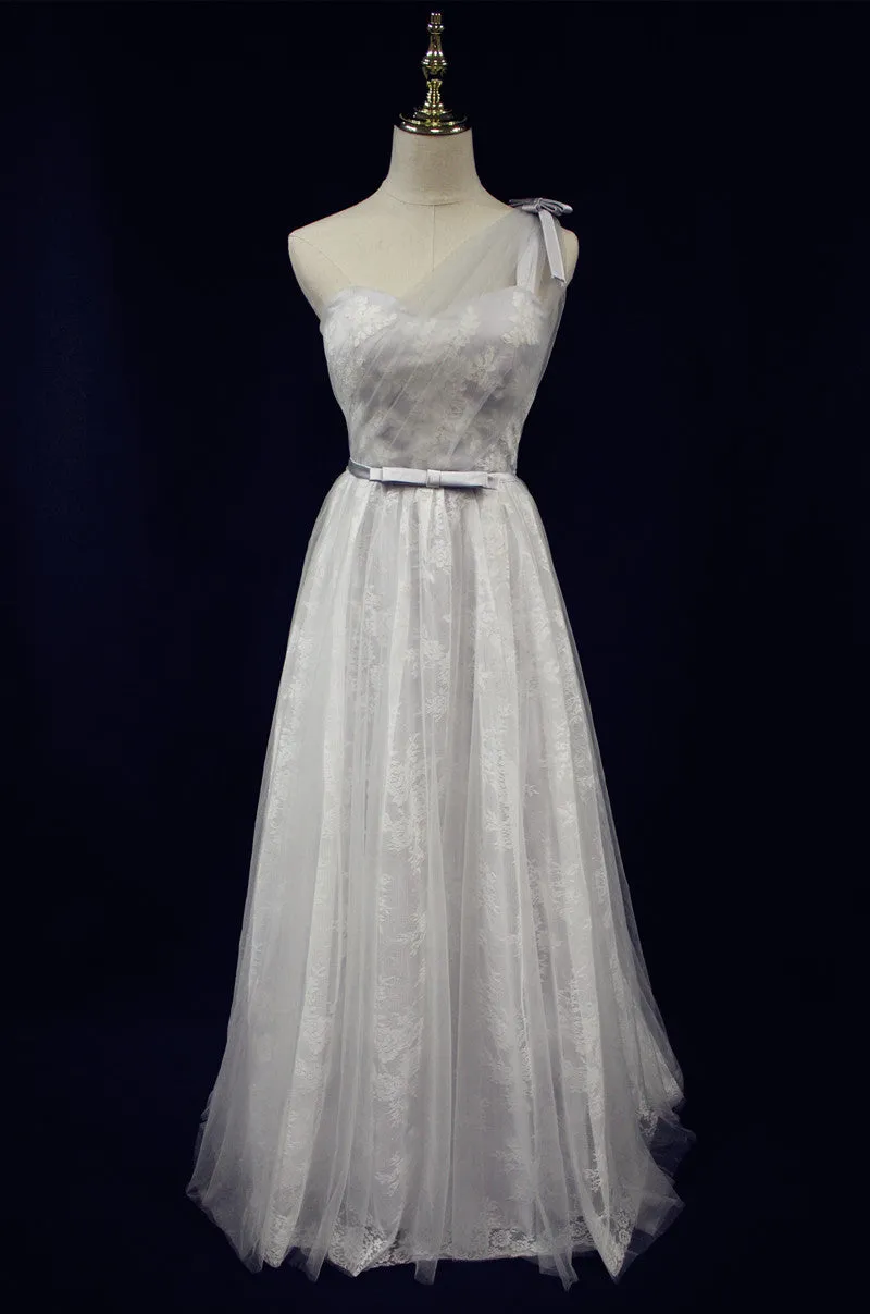 Beautiful Light Grey One Shoulder Lace-up Bridesmaid Dress, Lovely Grey Party Dress