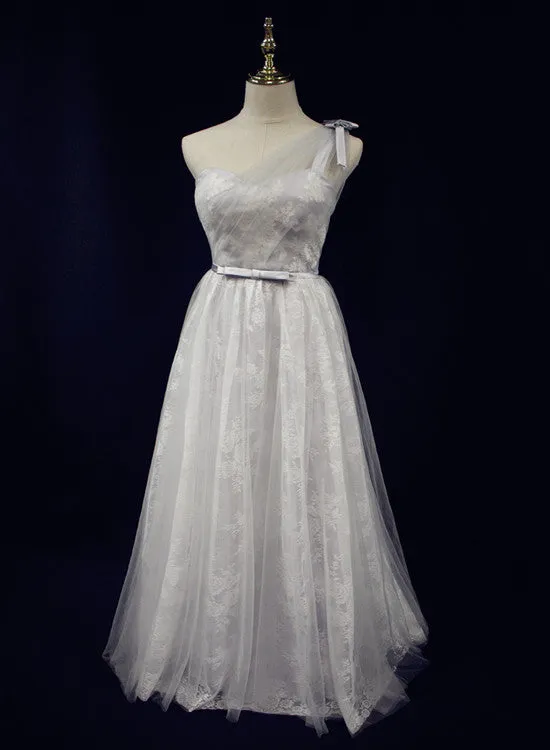 Beautiful Light Grey One Shoulder Lace-up Bridesmaid Dress, Lovely Grey Party Dress