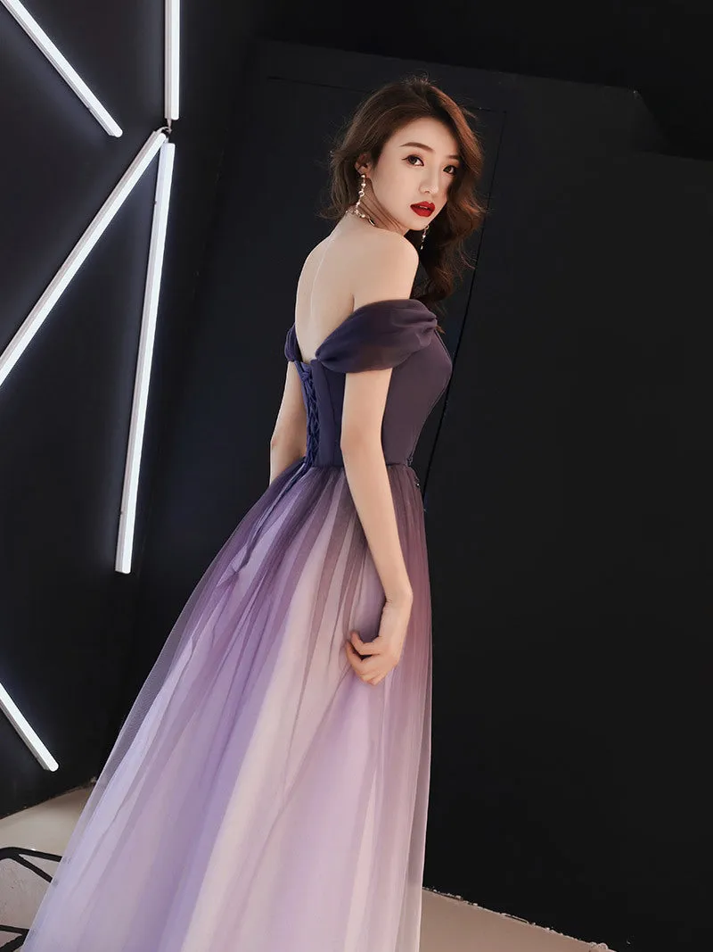 Beautiful Light Purple Gradient Tulle Long Formal Dress, Off Shoulder Prom Dress