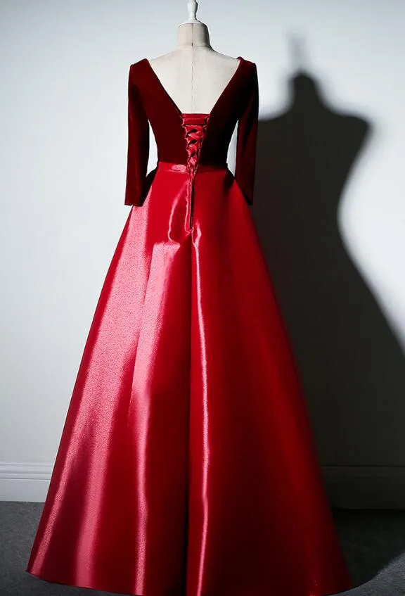 Beautiful Long Sleeves Velvet and Satin Party Dress, V-neckline Prom Dress