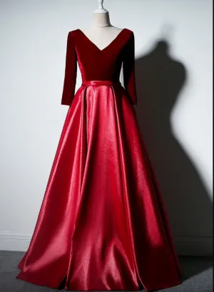 Beautiful Long Sleeves Velvet and Satin Party Dress, V-neckline Prom Dress