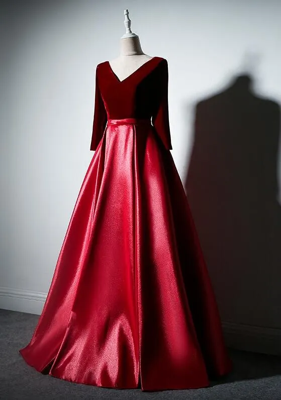 Beautiful Long Sleeves Velvet and Satin Party Dress, V-neckline Prom Dress