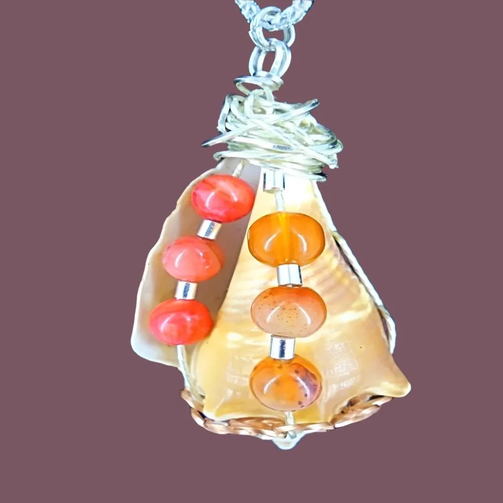 Beautiful Natural Fighting Conch Shell Pendant with Silver & Copper Wire Wrap, Coral-Orange Glass Beads-Handmade