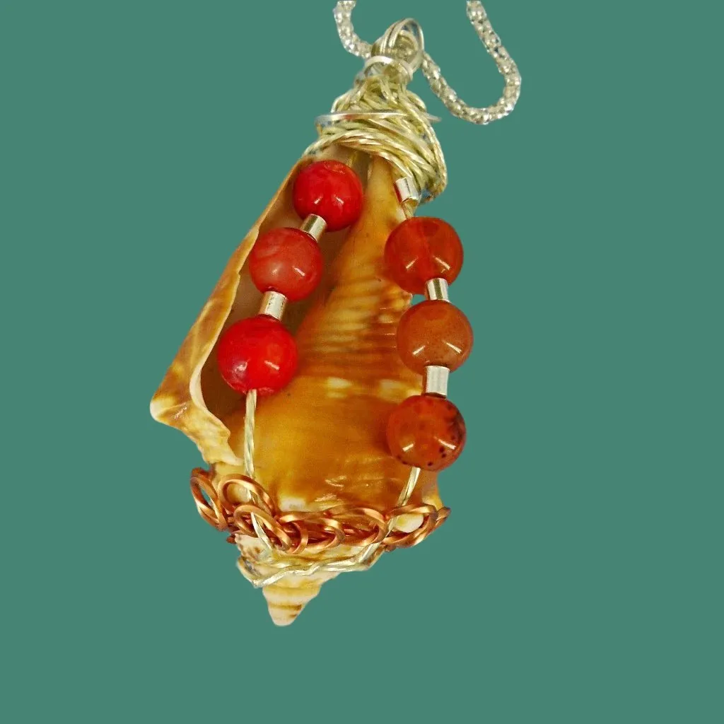 Beautiful Natural Fighting Conch Shell Pendant with Silver & Copper Wire Wrap, Coral-Orange Glass Beads-Handmade