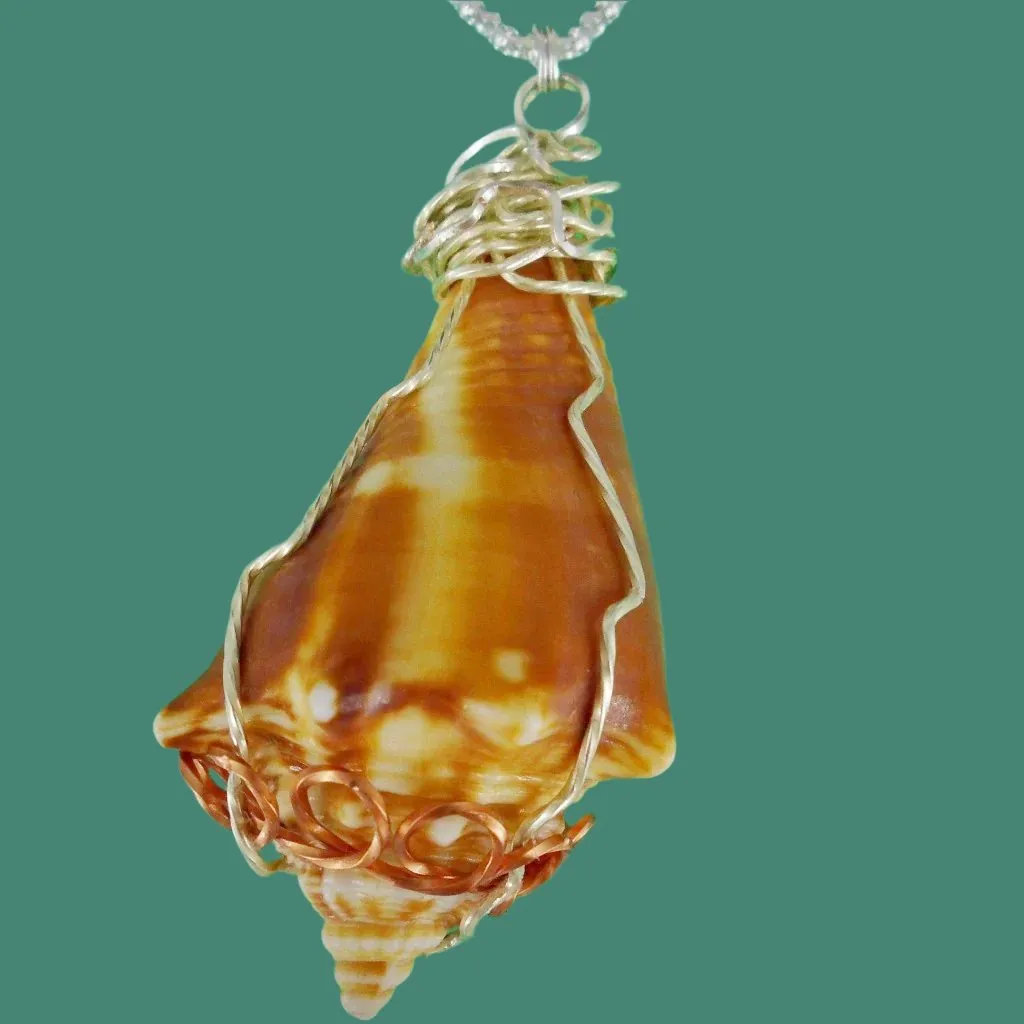 Beautiful Natural Fighting Conch Shell Pendant with Silver & Copper Wire Wrap, Coral-Orange Glass Beads-Handmade