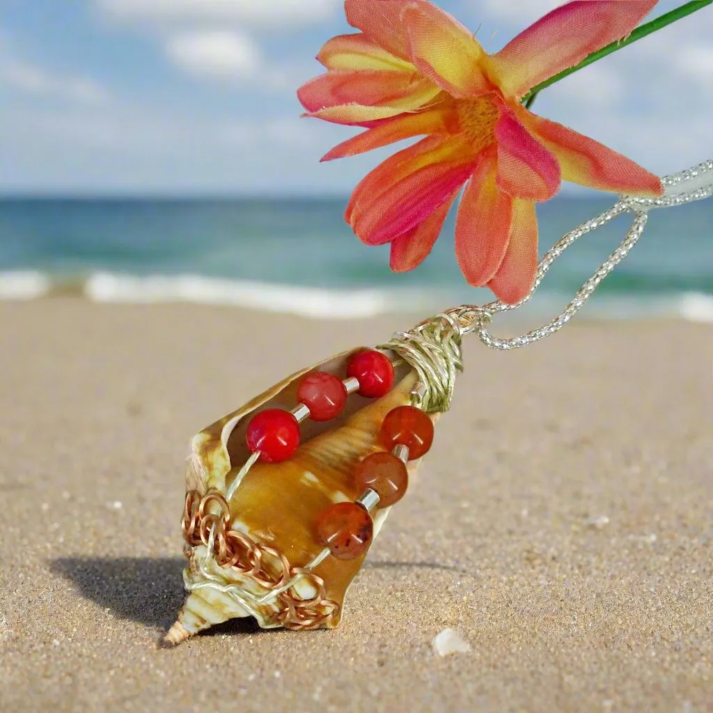 Beautiful Natural Fighting Conch Shell Pendant with Silver & Copper Wire Wrap, Coral-Orange Glass Beads-Handmade