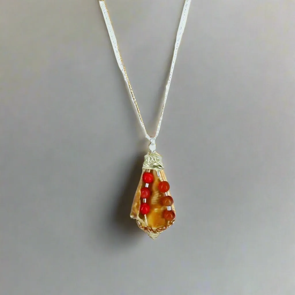 Beautiful Natural Fighting Conch Shell Pendant with Silver & Copper Wire Wrap, Coral-Orange Glass Beads-Handmade