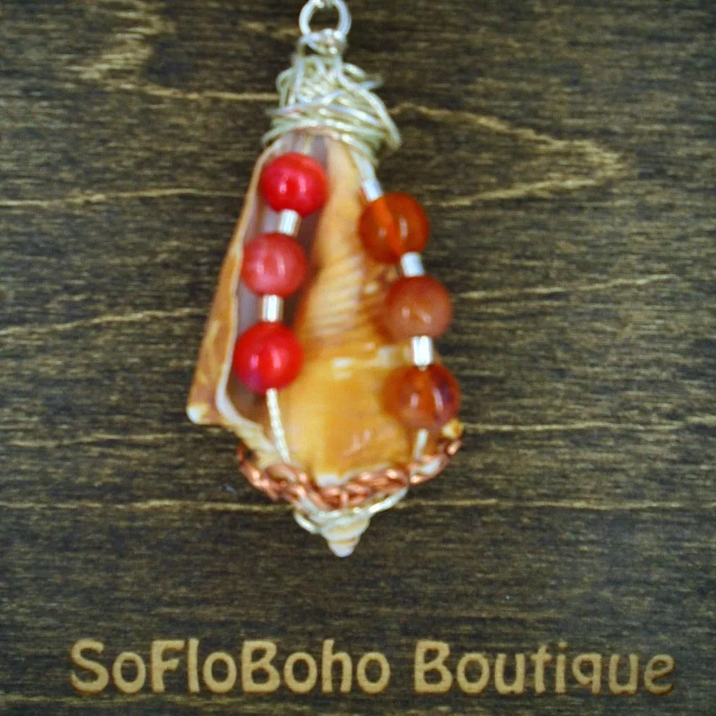 Beautiful Natural Fighting Conch Shell Pendant with Silver & Copper Wire Wrap, Coral-Orange Glass Beads-Handmade