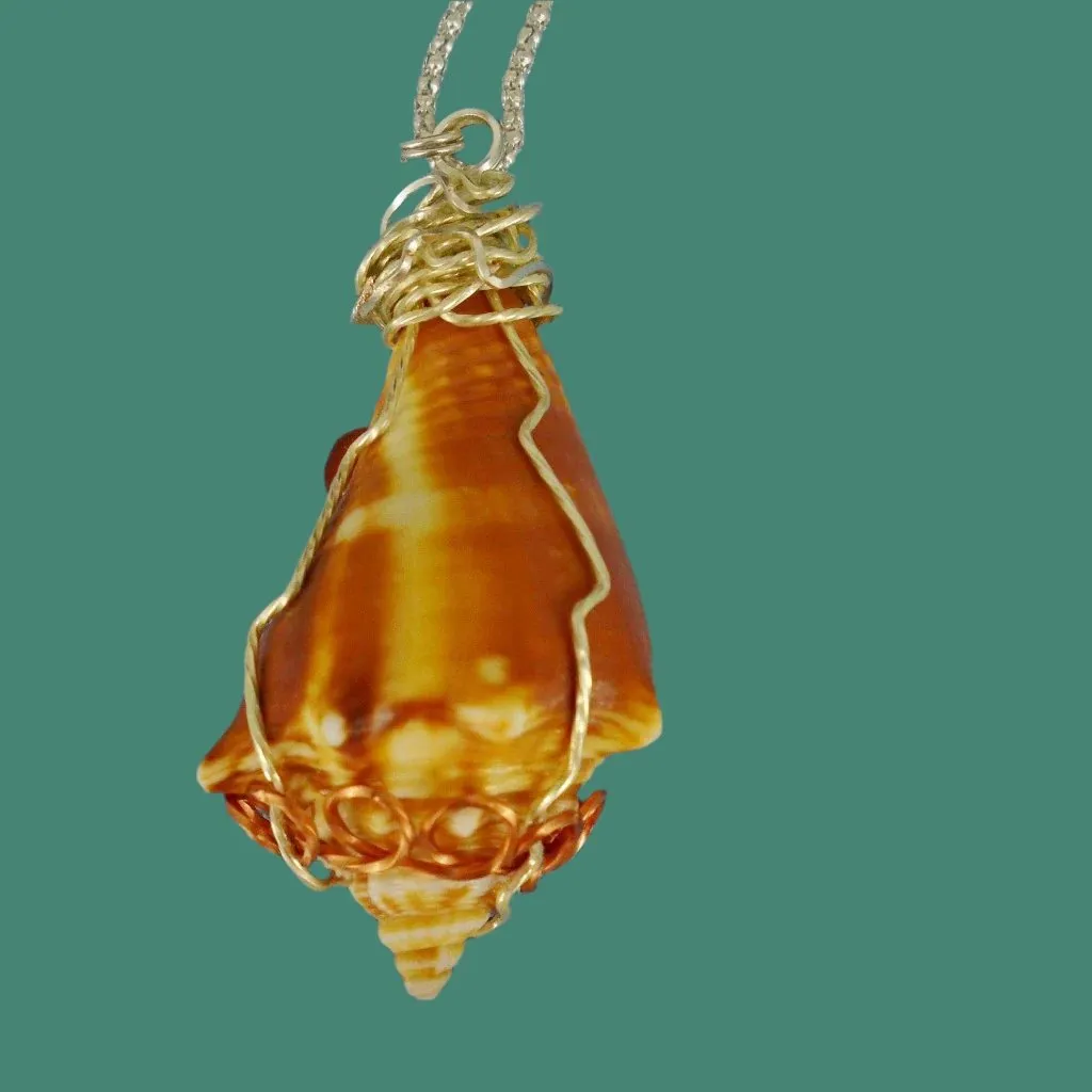 Beautiful Natural Fighting Conch Shell Pendant with Silver & Copper Wire Wrap, Coral-Orange Glass Beads-Handmade