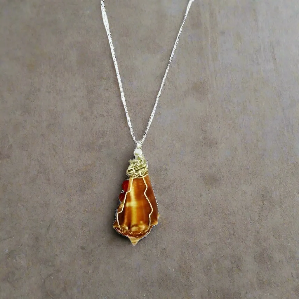 Beautiful Natural Fighting Conch Shell Pendant with Silver & Copper Wire Wrap, Coral-Orange Glass Beads-Handmade