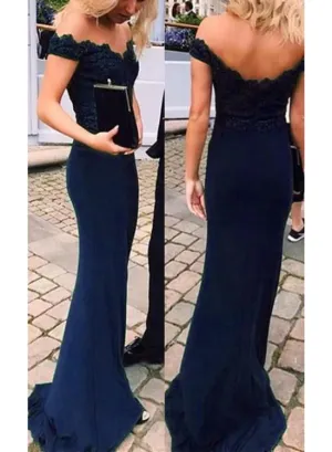 Beautiful Navy Blue Mermaid Evening Dress, Off Shoulder Bridesmaid Dress