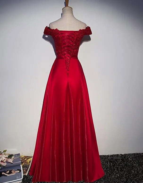 Beautiful Red Satin Long Off Shoulder Party Dress, Red Satin Formal Dress, Red Formal Dresses