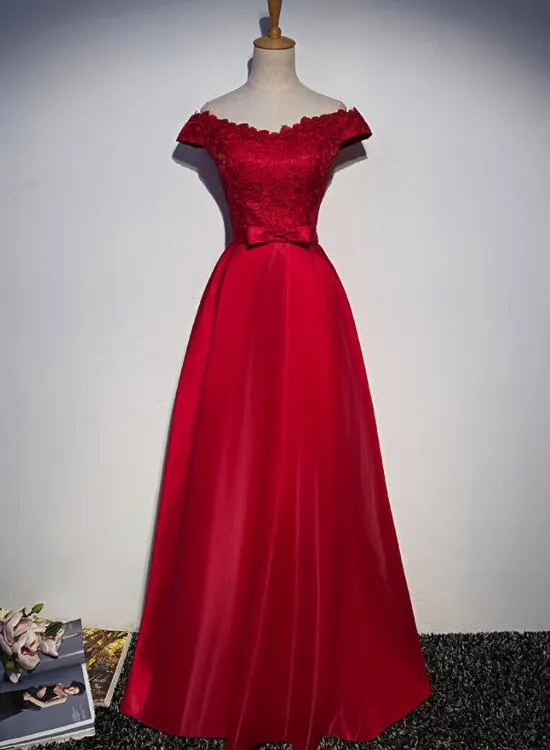 Beautiful Red Satin Long Off Shoulder Party Dress, Red Satin Formal Dress, Red Formal Dresses