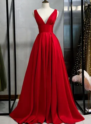 Beautiful Red Satin V-neckline Party Dress, Red Prom Dress