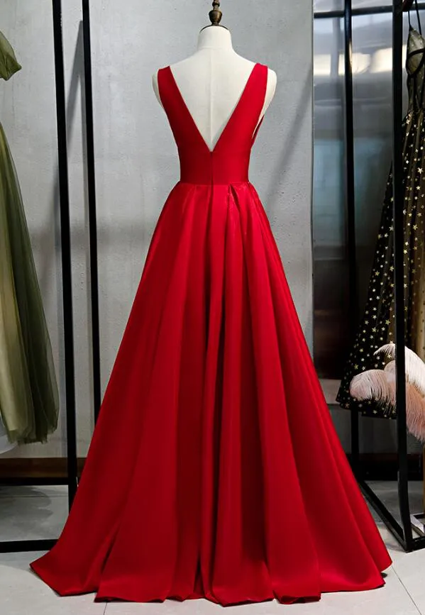 Beautiful Red Satin V-neckline Party Dress, Red Prom Dress