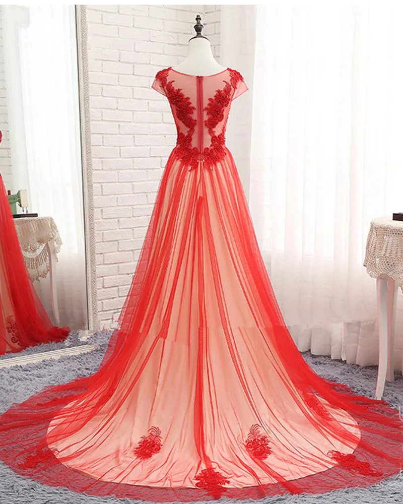 Beautiful Red Tulle Long Cap Sleeves Evening Gown, Long Red Prom Dress