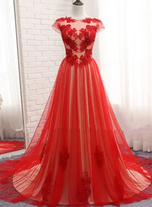 Beautiful Red Tulle Long Cap Sleeves Evening Gown, Long Red Prom Dress