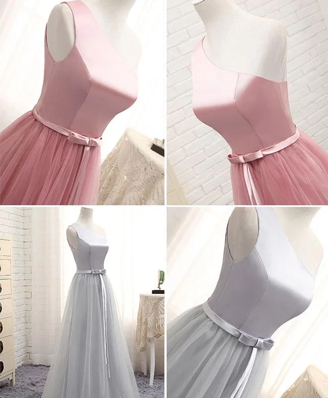 Beautiful Simple One Shoulder Satin and Tulle Floor Length Party Gown, Bridesmaid Dresses