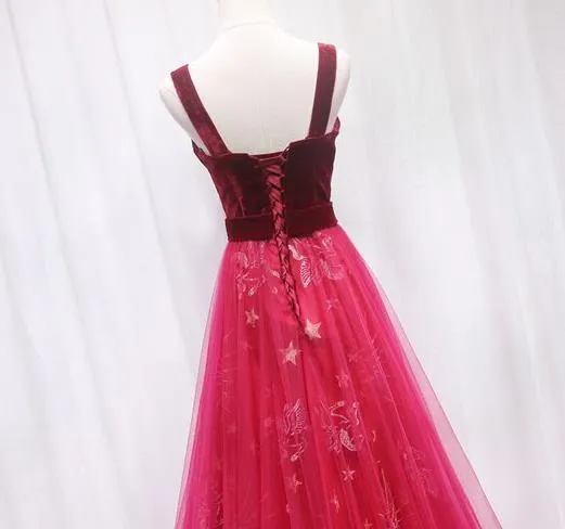 Beautiful Wine Red Tulle Long Straps Party Dress, A-line Formal Gown