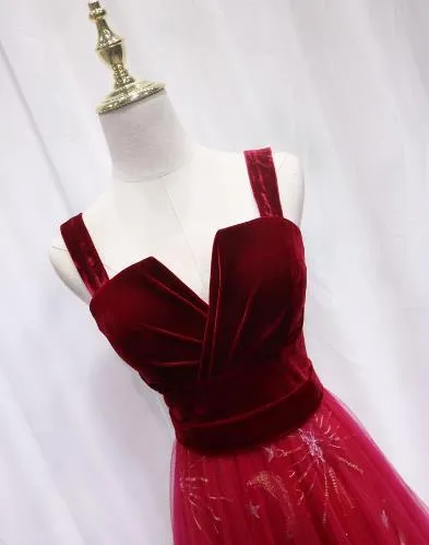 Beautiful Wine Red Tulle Long Straps Party Dress, A-line Formal Gown