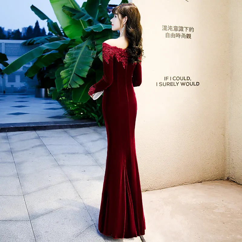 Beautiful Wine Red Velvet Mermaid Long Evening Dress Party Dress, Long Evening Dresses